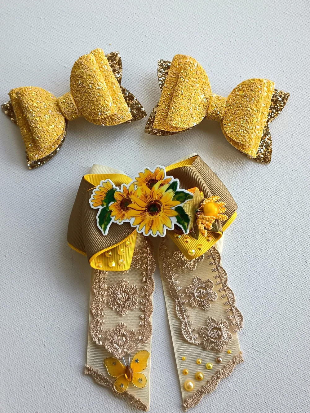 Handmade Sunflower Hair Bow & Glitter Clip Set Girls Fall Hair Accesories ✨